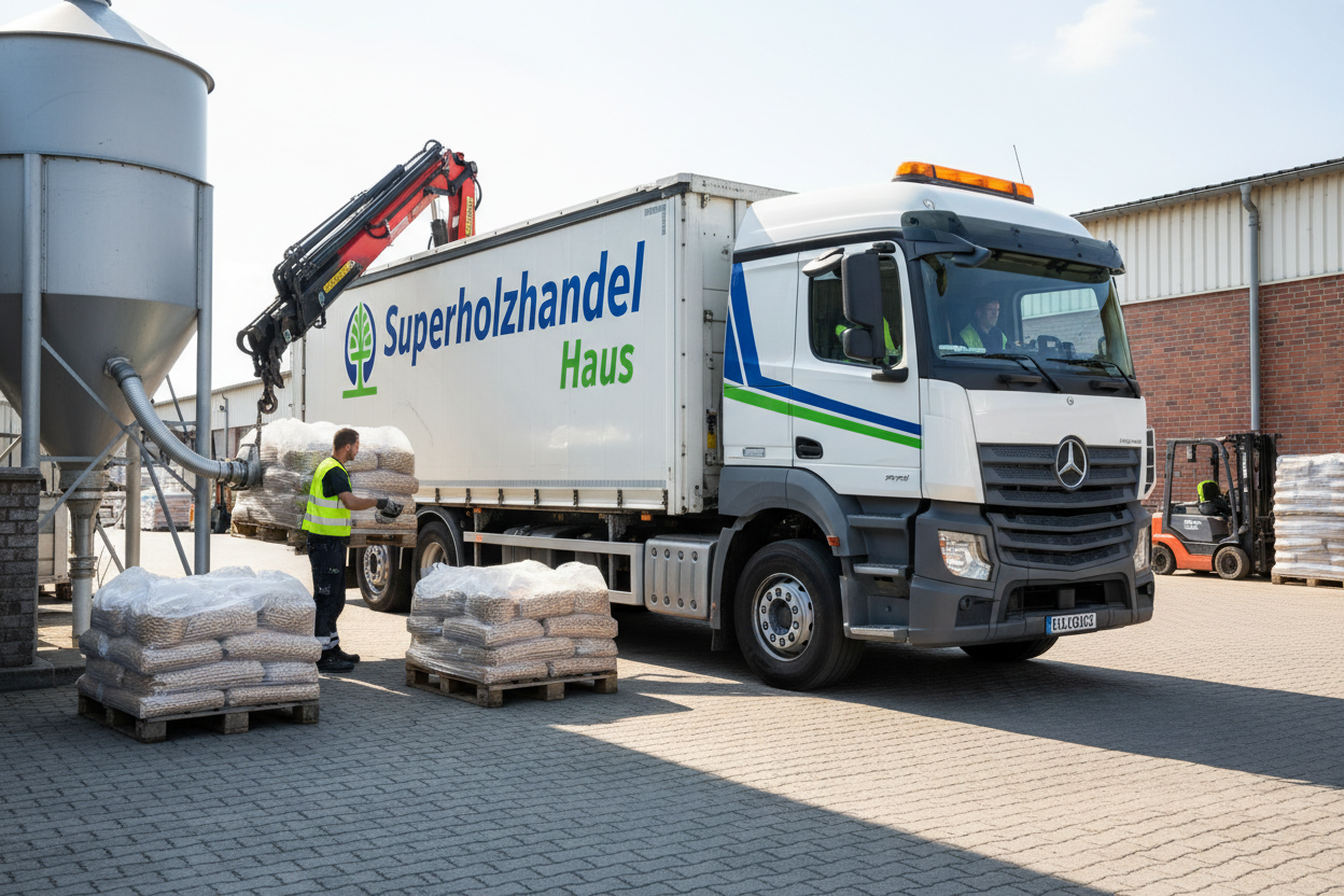 Anlieferung von Holzpellets mit einem LKW mit der Aufschrift "Superholzhandel Haus"